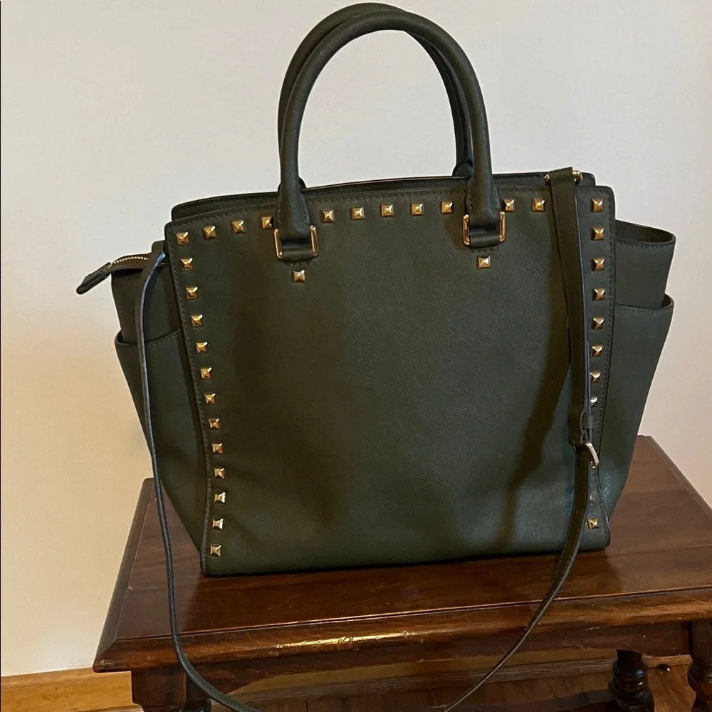 Michael Kors Dark Green Studded Satchel - Picture 3 of 9